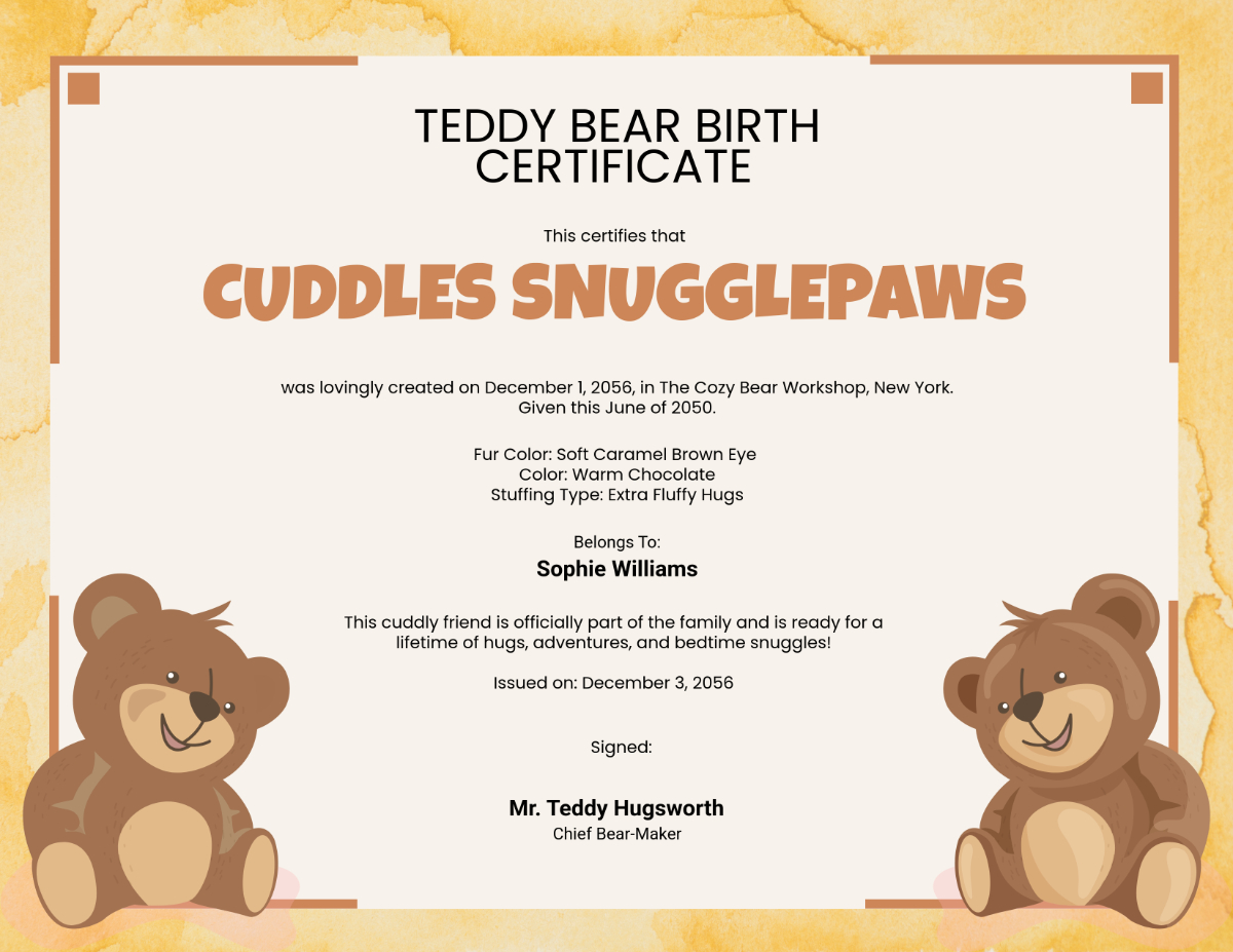 Free Teddy Bear Birth Certificate Template To Edit Online pertaining to Free Printable Build A Bear Birth Certificate Template