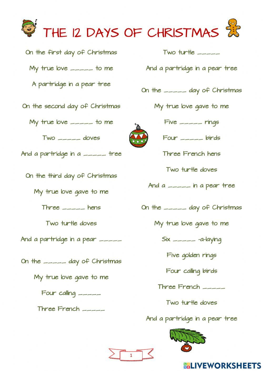 Free Twelve Days Of Christmas Worksheet, Download Free Twelve Days in Twelve Days Of Christmas Worksheets