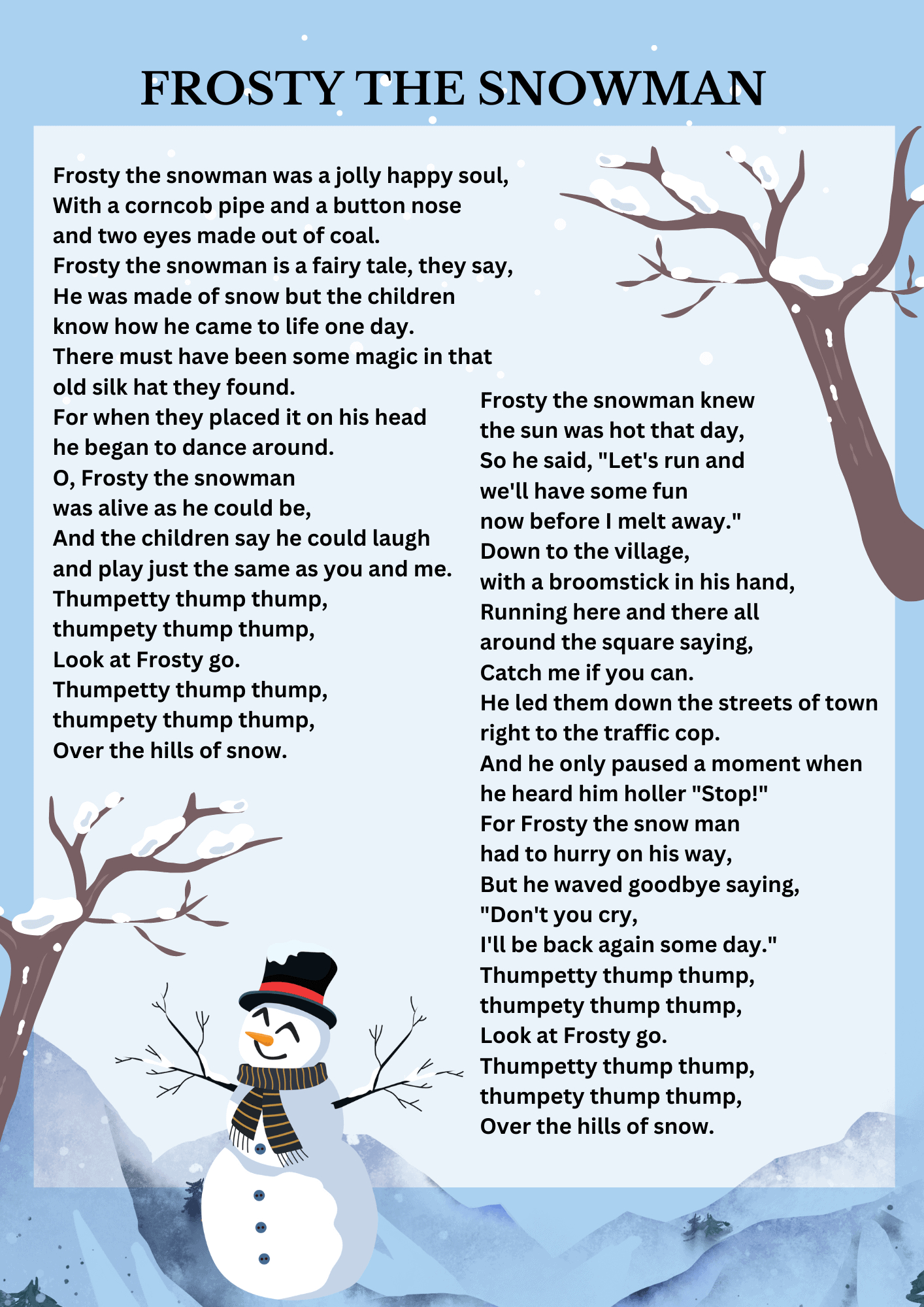 Frosty Lyrics with regard to Words to Frosty the Snowman Printable