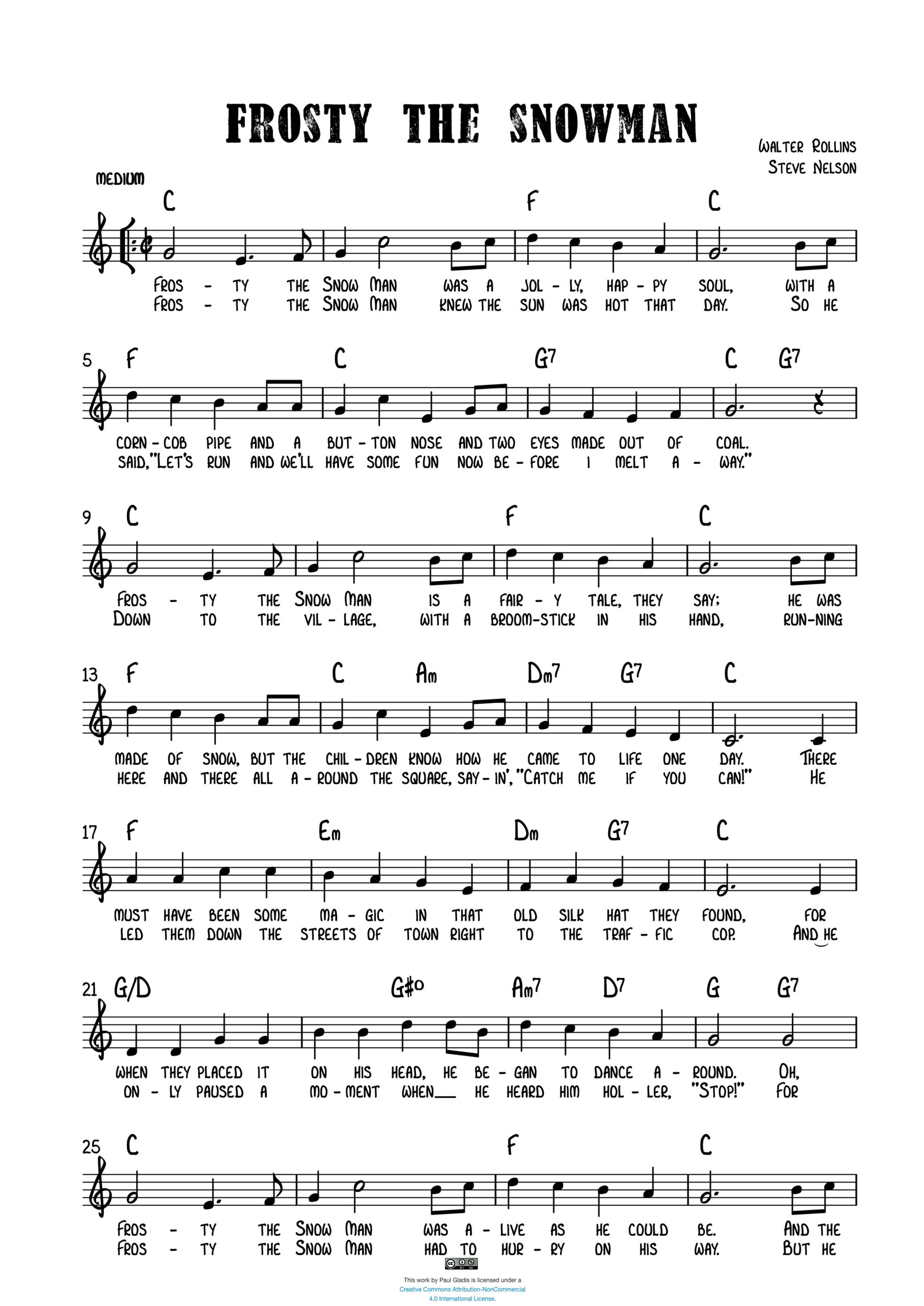 Frosty The Snowman – Sheet Music Transcriptionspaul Gladis intended for Free Printable Frosty The Snowman Sheet Music