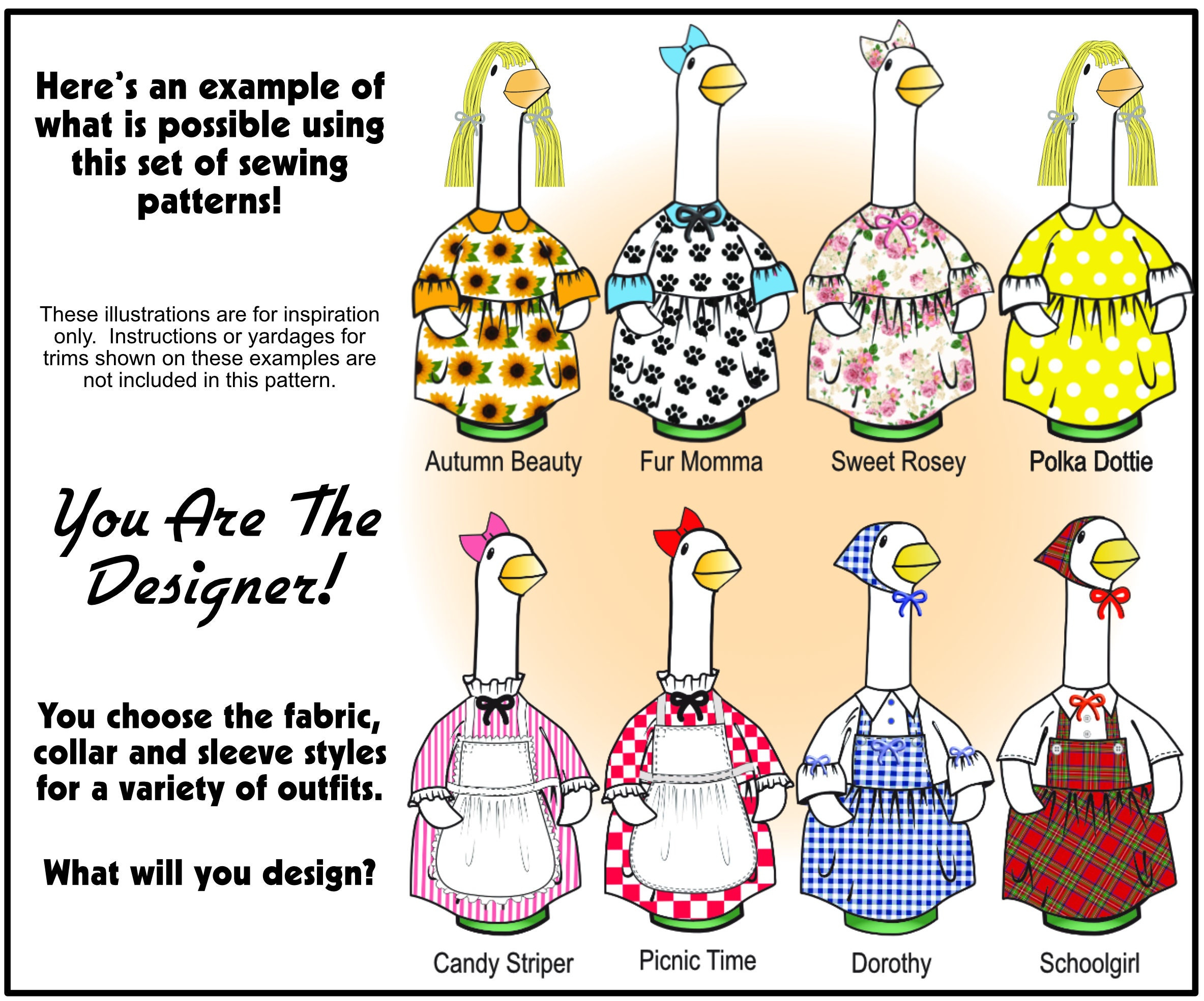 Goose Outfits Pattern For Ruffled Dress And Accessories. Choose inside Printable Goose Clothes Patterns