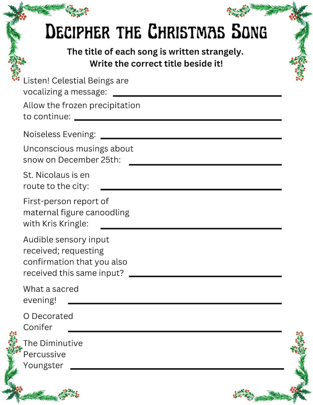 Guess The Christmas Song, Christmas Song Game, Christmas Party in Name That Christmas Song Worksheets