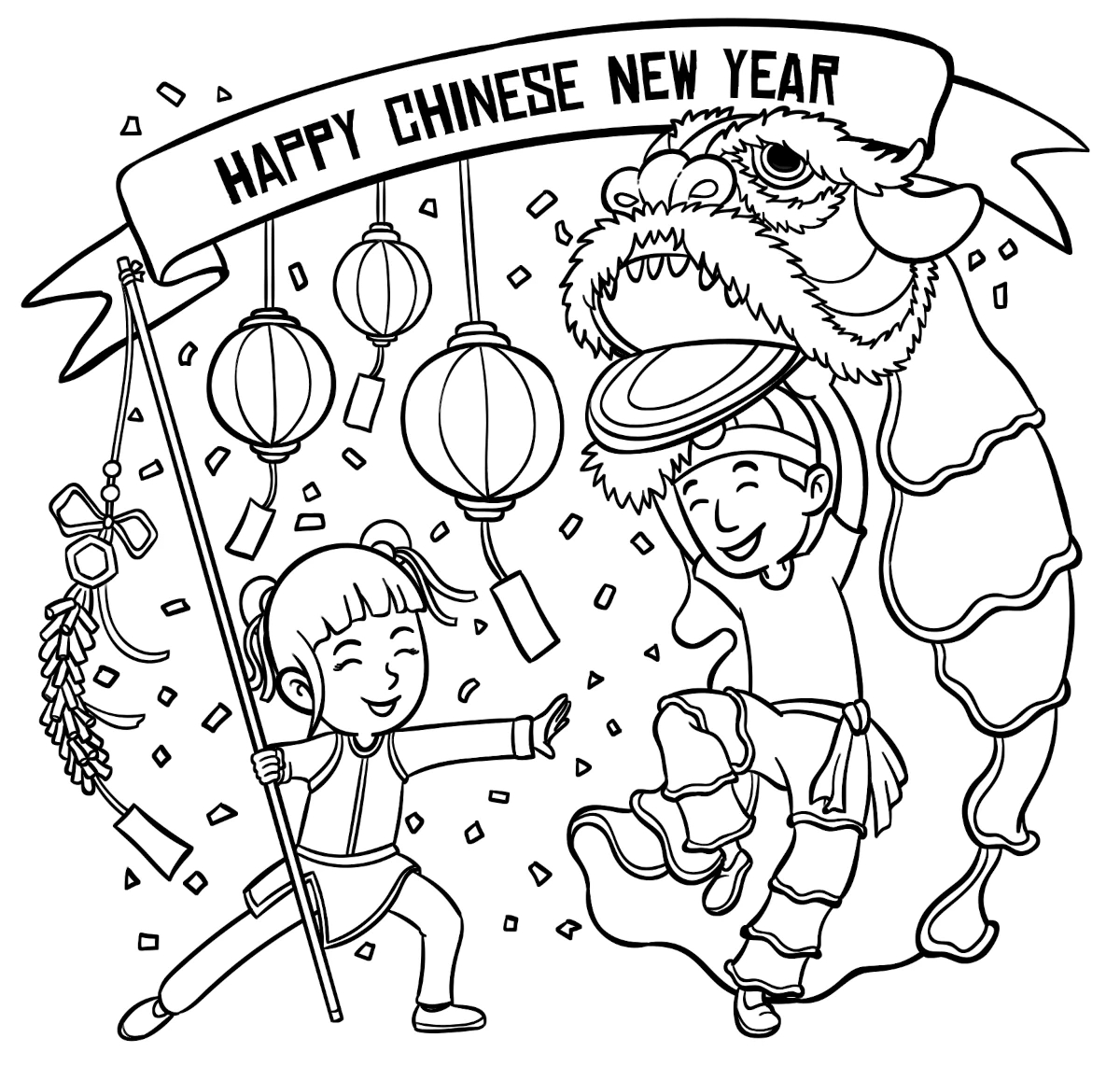 Happy Chinese New Year With A Joyful Lion Dance, Lanterns, And regarding Chinese New Year Printable Coloring Pages