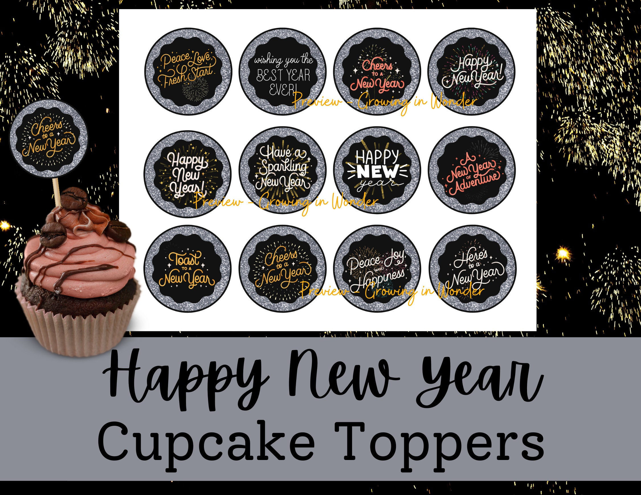Happy New Year Cupcake Toppers, Printable - Etsy.de within Happy New Year Topper Printable