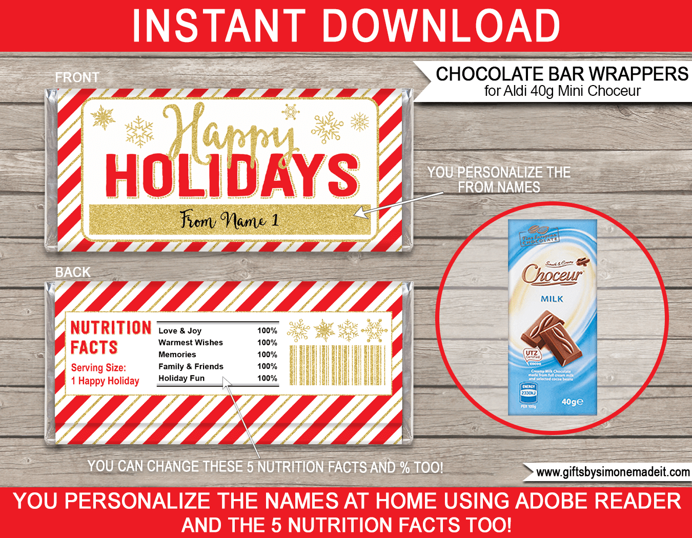 Holiday Chocolate Bar Wrappers (Mini Choceur) - Red &amp;amp; Gold intended for Free Printable Chocolate Bar Wrappers Template