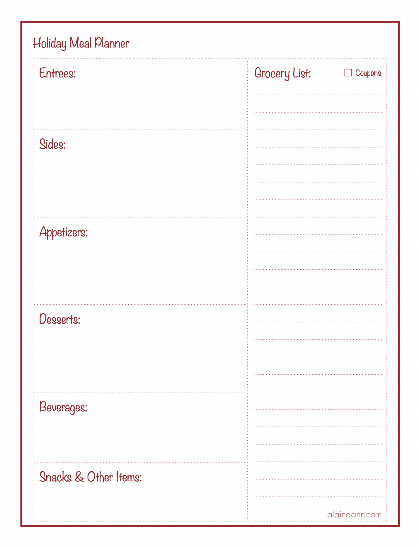 Holiday Meal Planner Printable — Alaina Ann pertaining to Holiday Meal Planner Printable