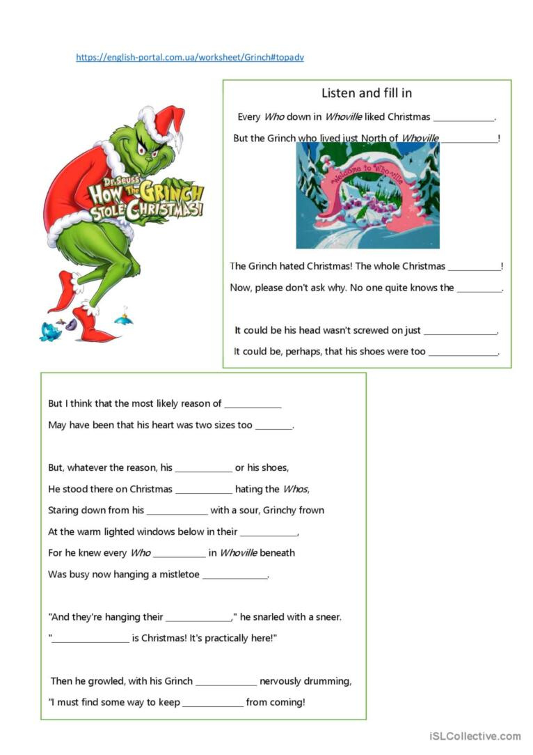How The Grinch Stole Christmas Liste…: English Esl Worksheets Pdf regarding The Grinch Who Stole Christmas Worksheets