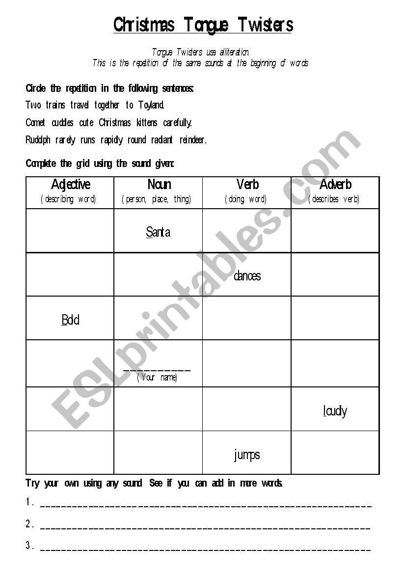 How To Write Christmas Tongue Twisters - Esl Worksheetnaomi_J86 inside Christmas Alliterations Worksheet