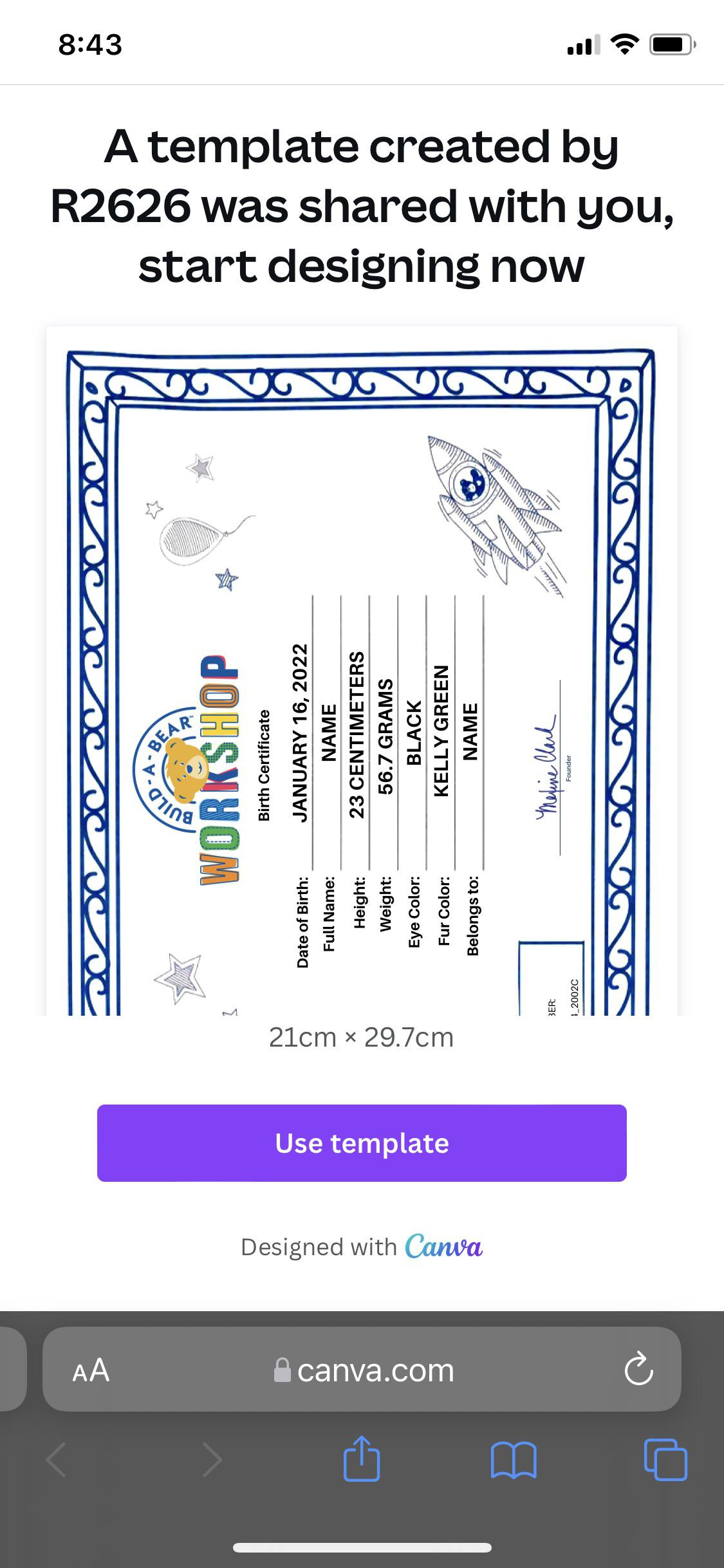 I Made A Birth Certificate Template On Canva For My Thrifted Bears in Free Printable Build a Bear Birth Certificate Template