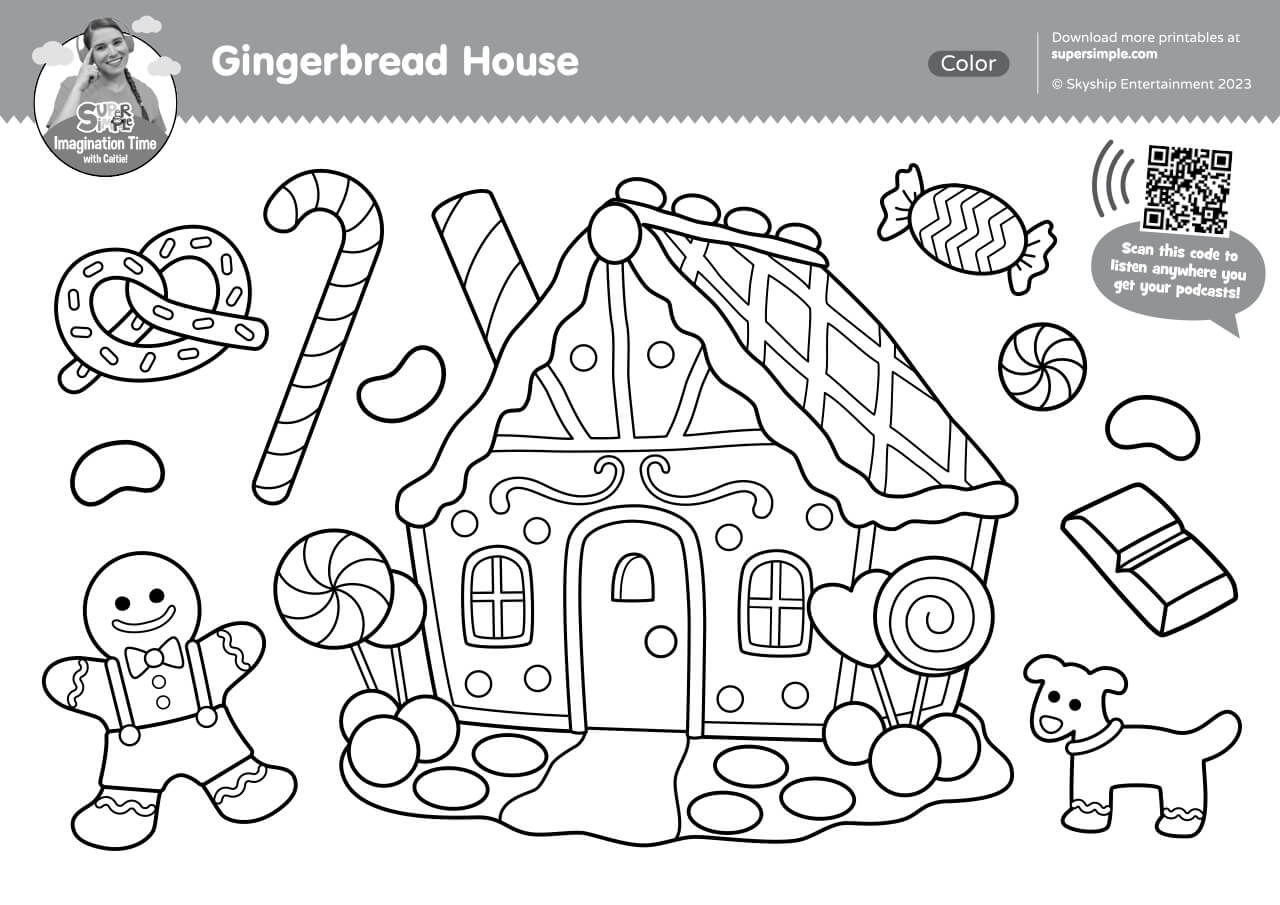 Imagination Time - Gingerbread House Coloring Page - Super Simple intended for Gingerbread House Coloring Pages Printable