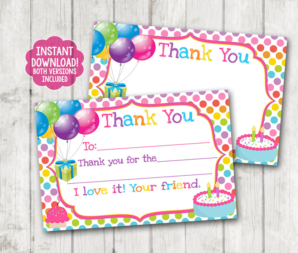 Instant Download Printable Birthday Thank You Cards, Balloons with regard to Printable Free Thank You Cards For Birthday