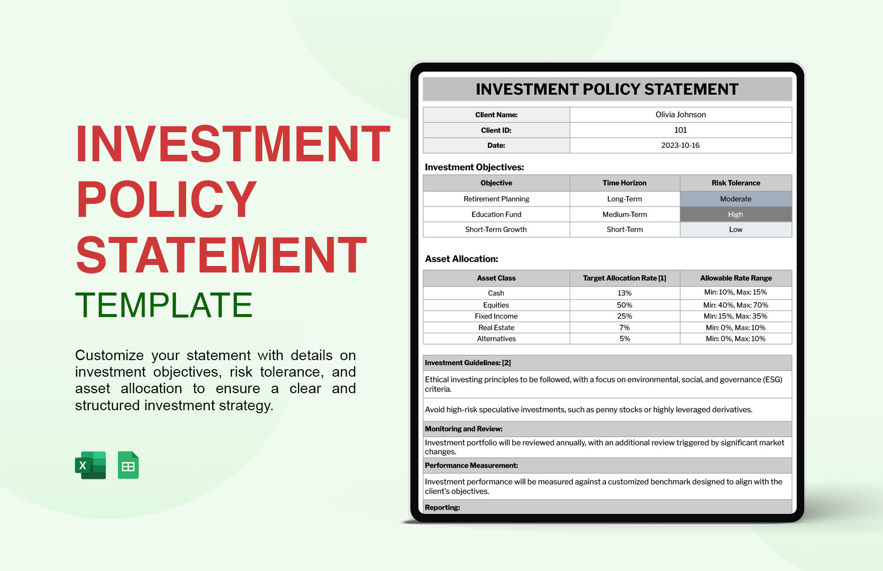 Investment Policy Statement Template In Excel, Google Sheets within Investment Policy Statement Sample Template