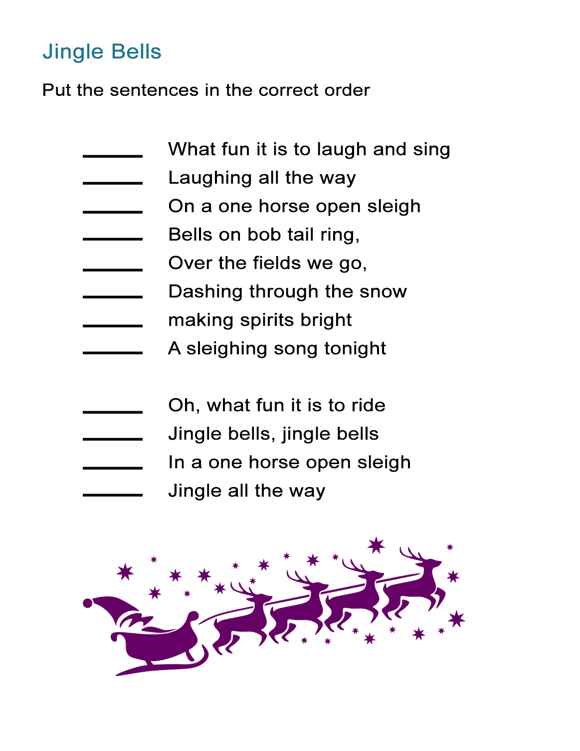 Jingle Bells For Kids Worksheet: Re-Order The Song Lyrics Activity intended for Christmas Songs Worksheets Printable