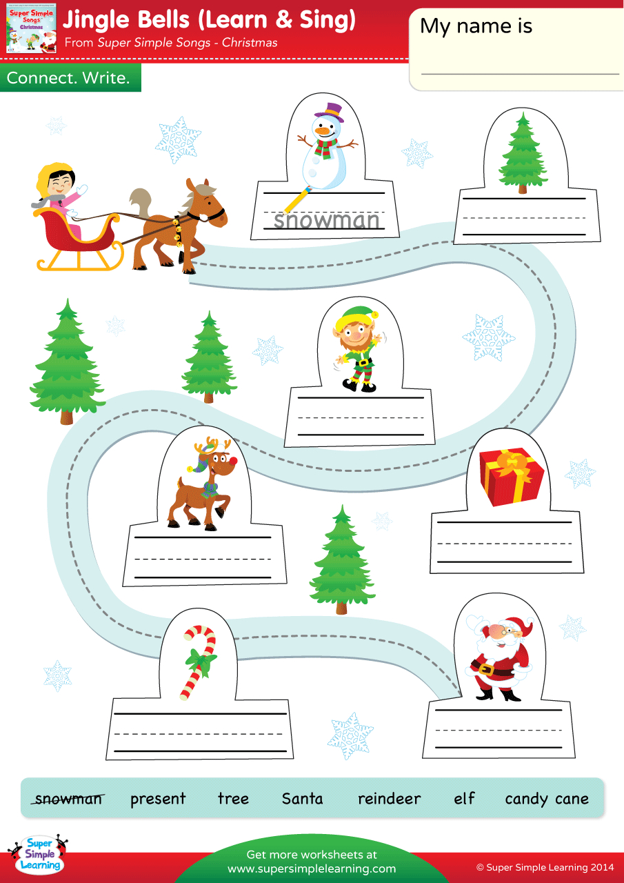 Jingle Bells Worksheet - Connect & Write - Super Simple pertaining to Christmas Songs Activities Worksheets