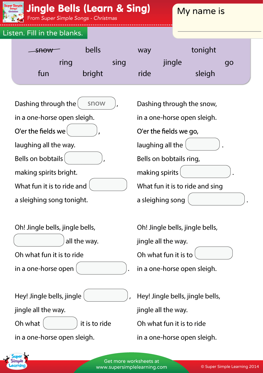 Jingle Bells Worksheet - Fill In The Blanks - Super Simple in Christmas Fill In The Blank Worksheets