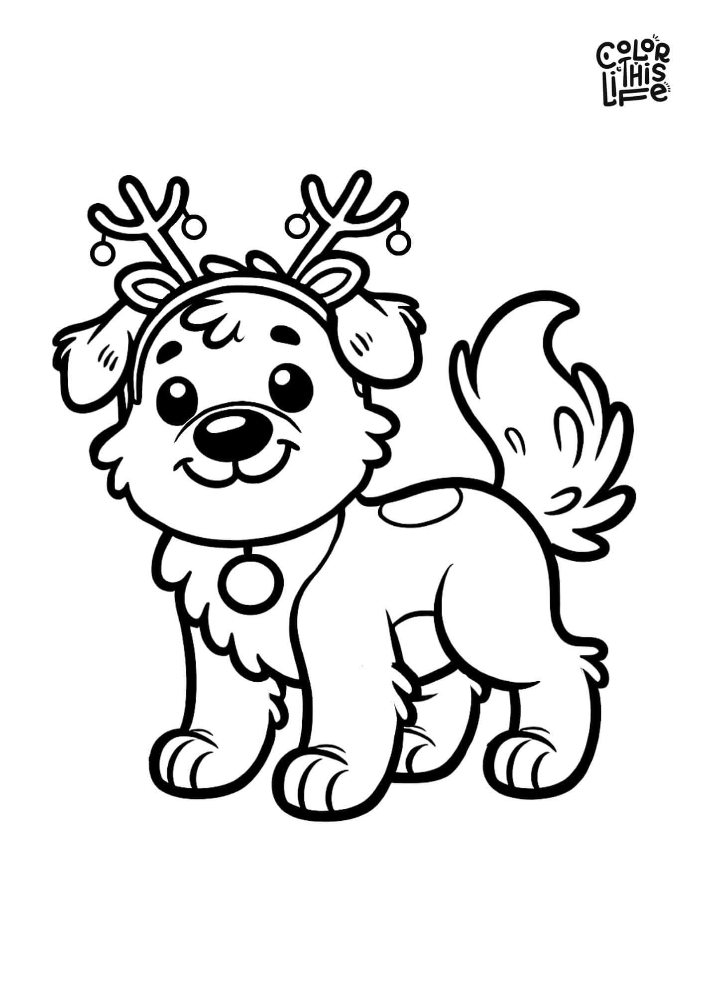 Kawaii Christmas Puppy Coloring Page With Reindeer Headband within Christmas Puppy Printable