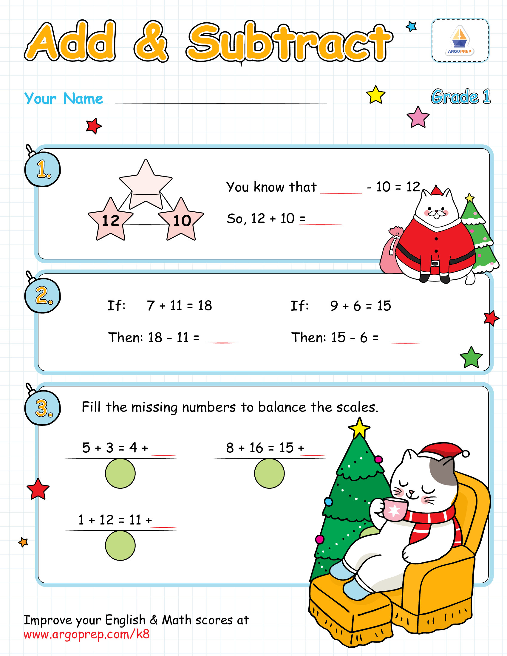 Kitty Christmas Equations - Argoprep throughout Christmas Equations Worksheet