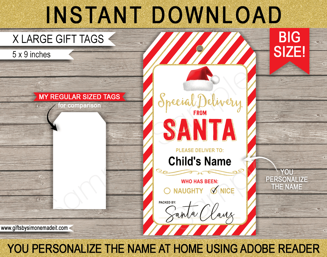 Large Santa Christmas Gift Tags - Red &amp;amp; Gold throughout Large Printable Christmas Name Tags