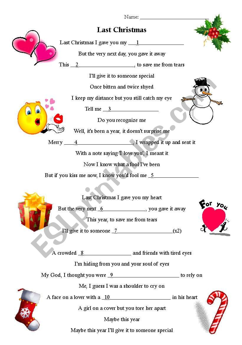 Last Christmas Fill In The Blanks - Esl Worksheetsuterja pertaining to Christmas Fill In The Blank Worksheets
