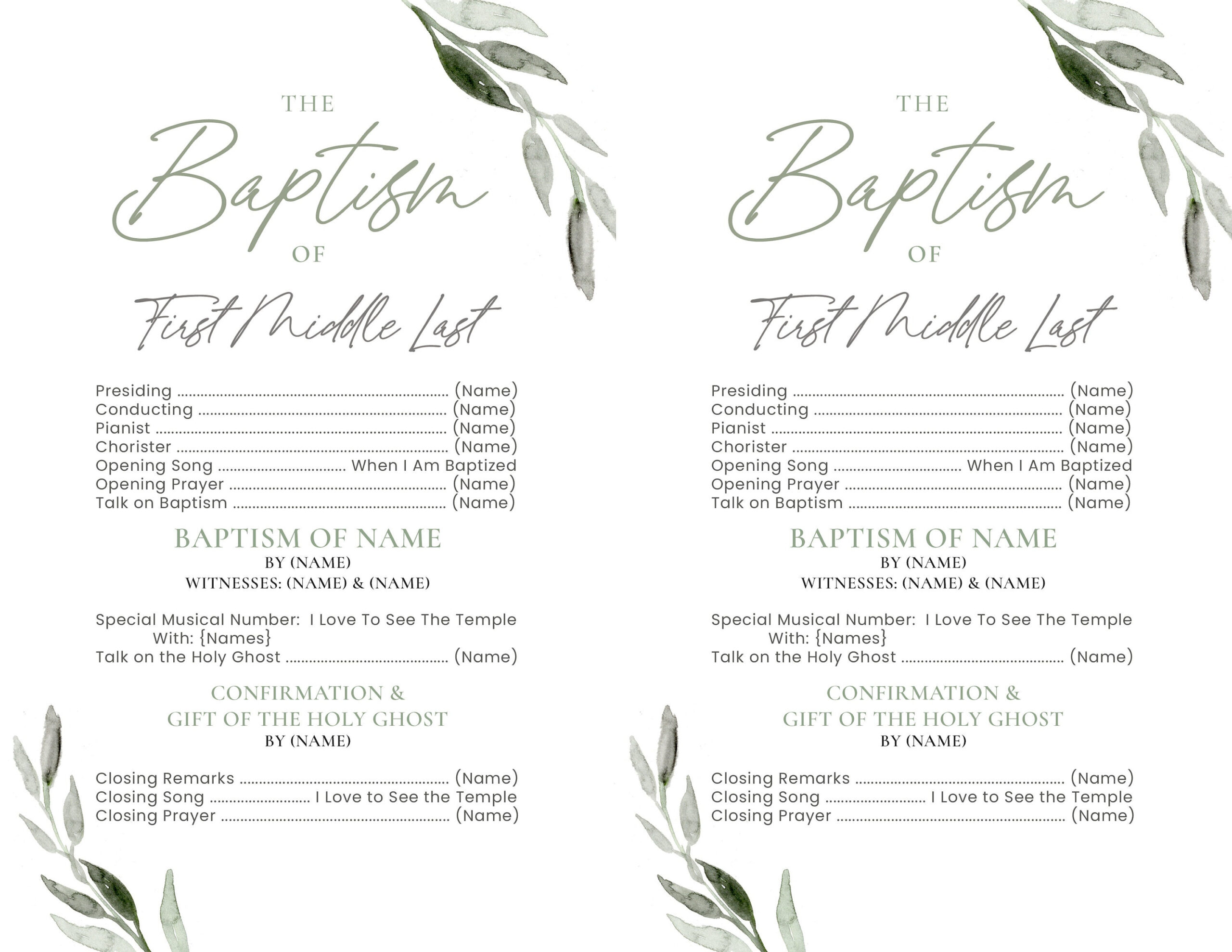 Lds Baptism Program: Editable Olive Branch Half Sheet (Digital intended for Lds Baptism Templates Free Download