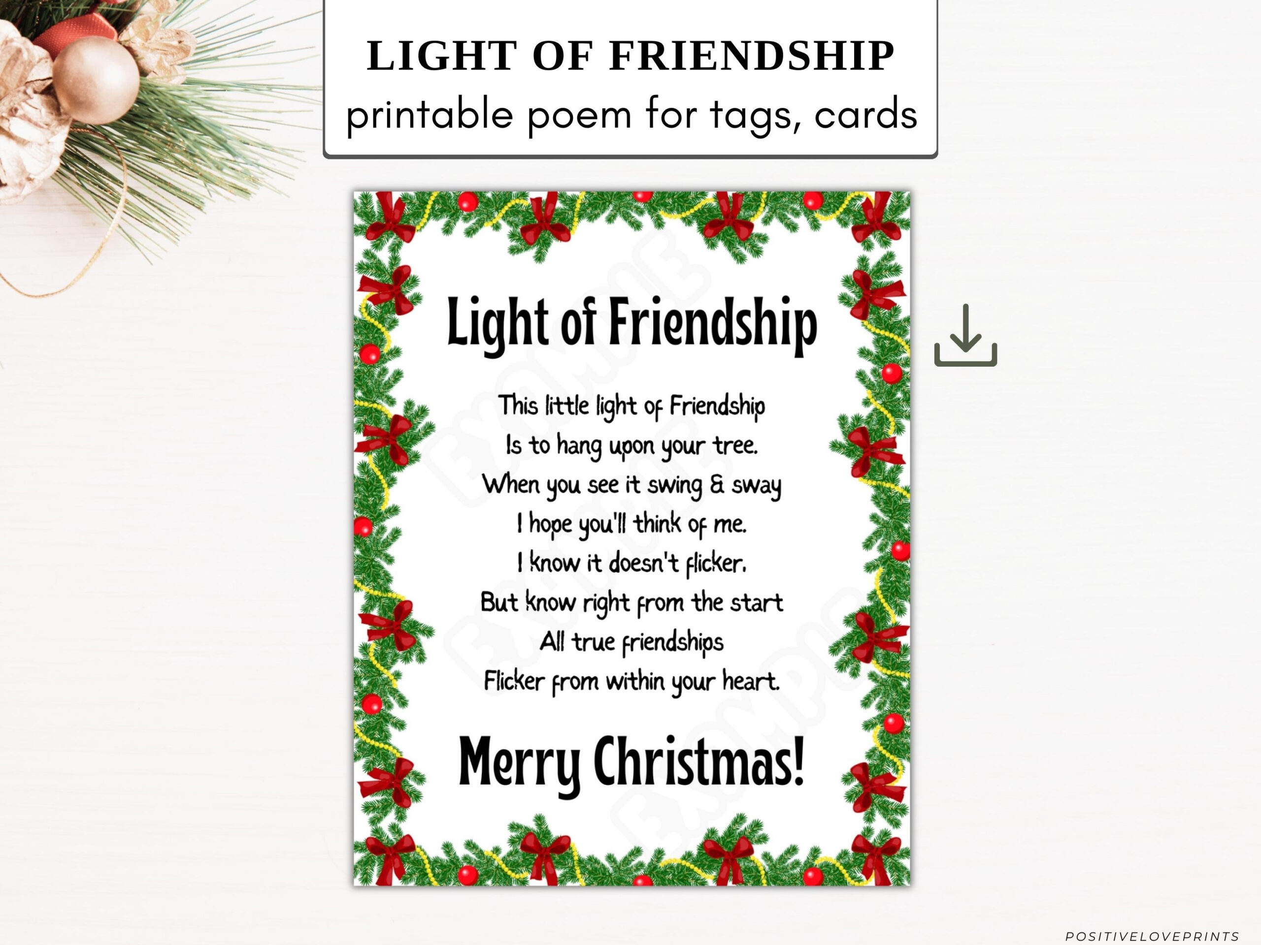 Light Of Friendship Printable Tag | Christmas Gift Tag | Ornament for Christmas Card For Best Friends Printable
