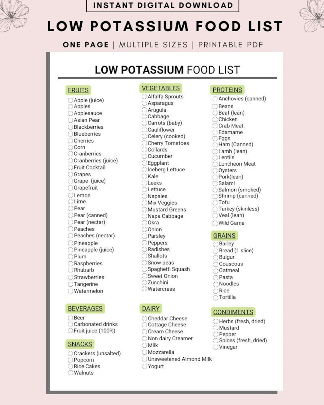 Low Potassium Food List: Renal Diet Guide (Digital Download) - Etsy Uk with regard to Low Potassium Foods Chart Printable