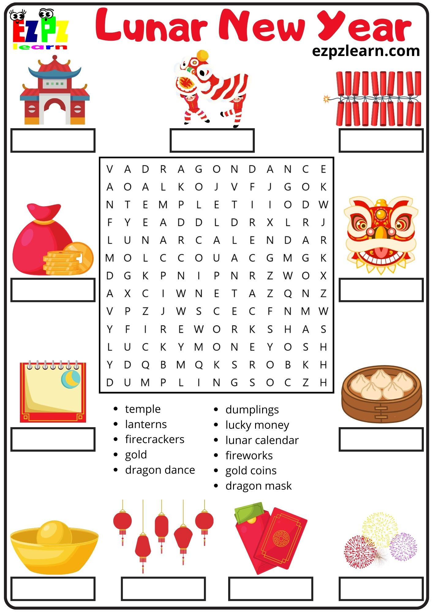 Lunar And Chinese New Year Vocabulary Word Search And Match The throughout Chinese New Year Printable Activities