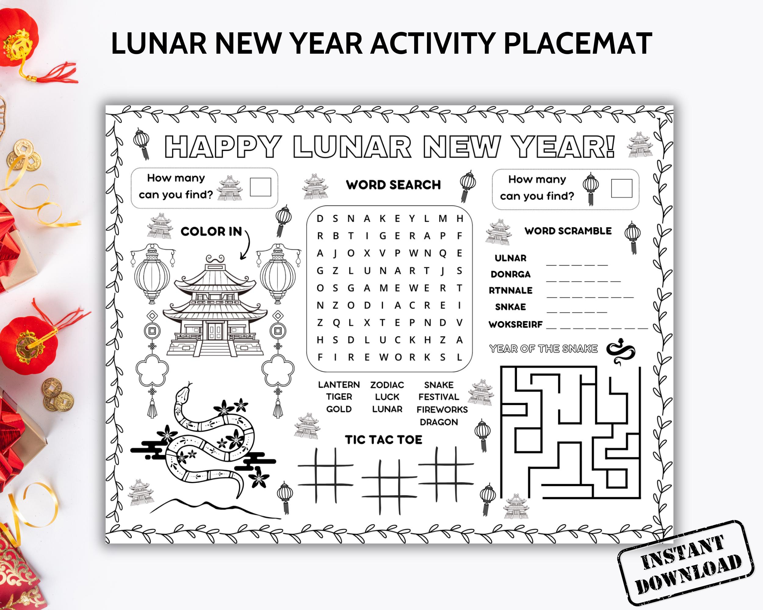Lunar New Year Activity Placemat Printable, Year Of The Snake 2025 in Chinese New Year Placemats Printable