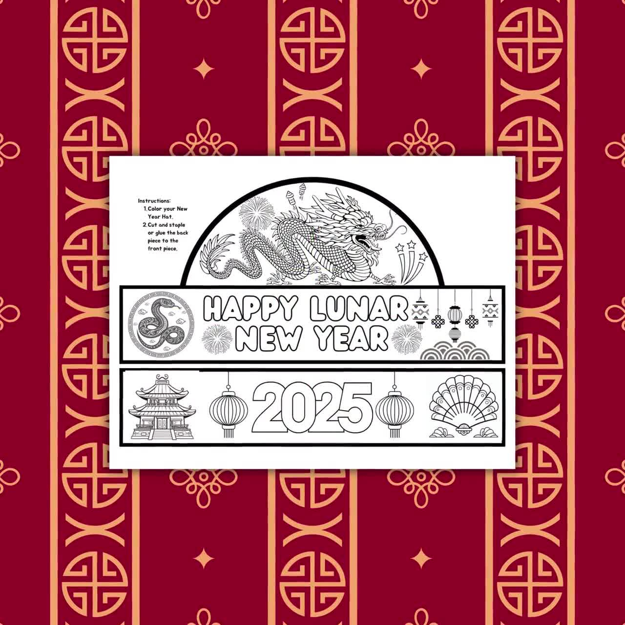 Lunar New Year Coloring Craft Hat, Diy Chinese New Year Craft Crown, Year  Of The Dragon Hat, Happy Lunar New Year 2025, Printable Pdf intended for Chinese New Year Hat Printable