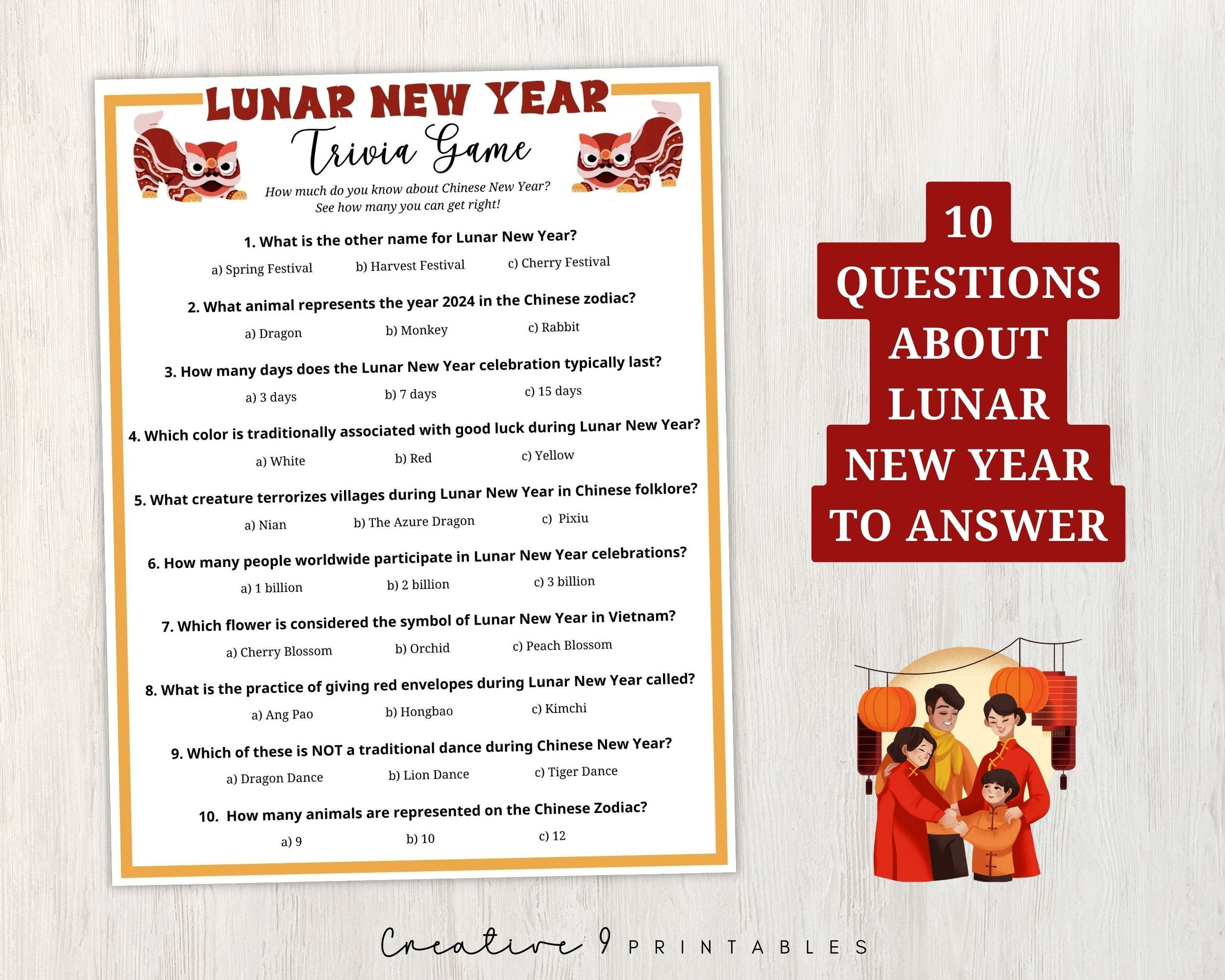 Lunar New Year Trivia 2025, Printable Party Game About Chinese New with Chinese New Year Trivia Questions And Answers Printable