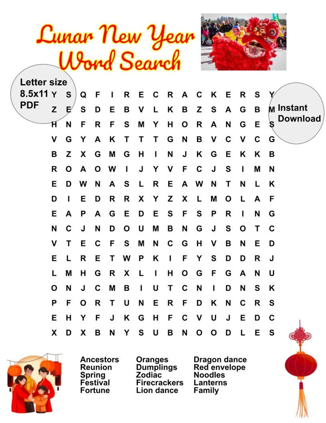 Lunar New Year Word Search, Printable, Instant Download with Printable Chinese New Year Word Search