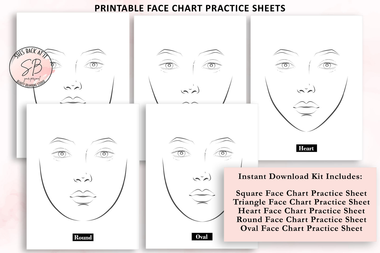 Makeup Face Chart, Gesichtskarte Übungsblätter, Bedruckbare Make in Face Chart Printable