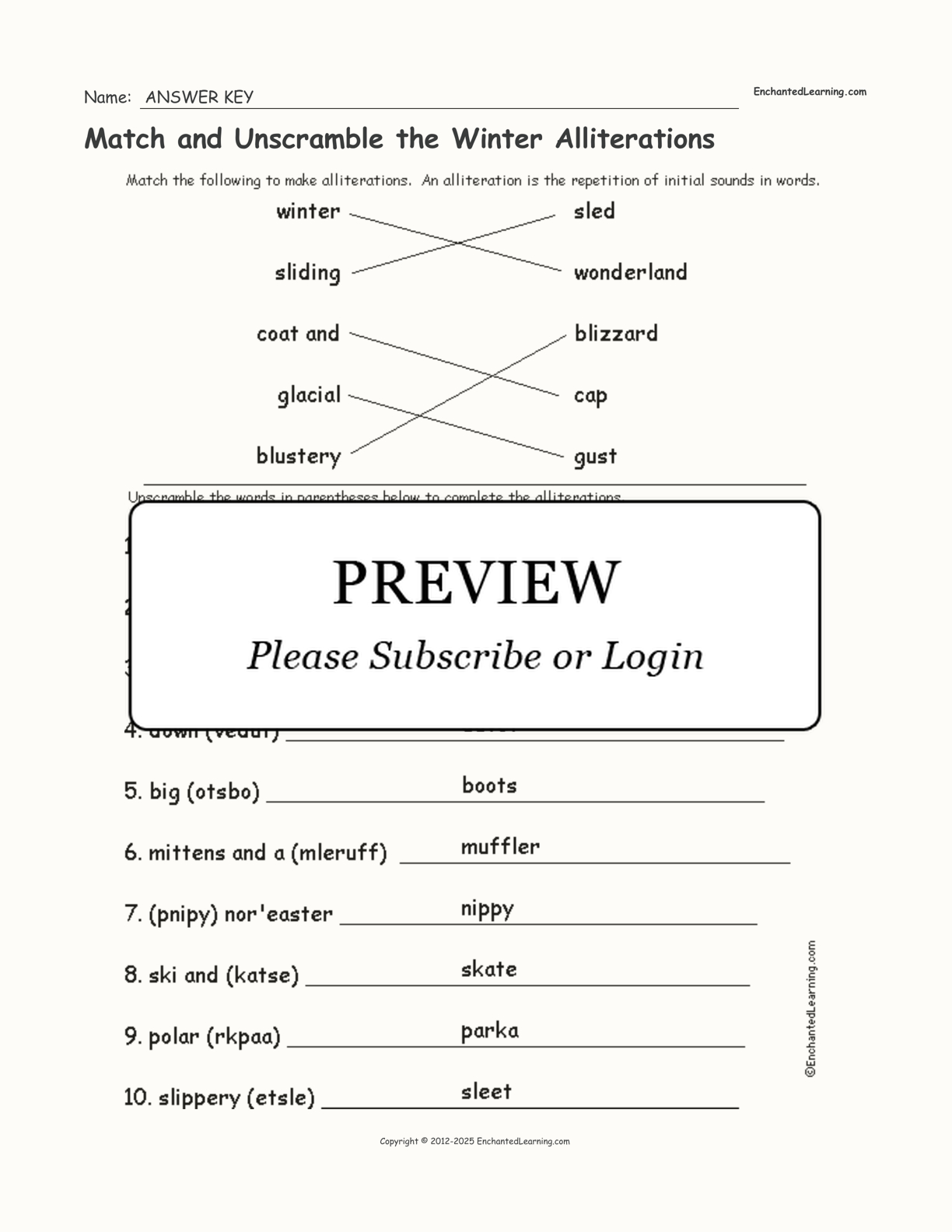 Match And Unscramble The Winter Alliterations - Enchanted Learning in Christmas Alliterations Worksheet