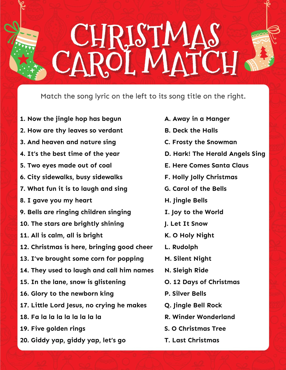 Match The Christmas Carol Game (Free Printable!) - Play Party Plan for Finish The Christmas Song Game With Answers Printable