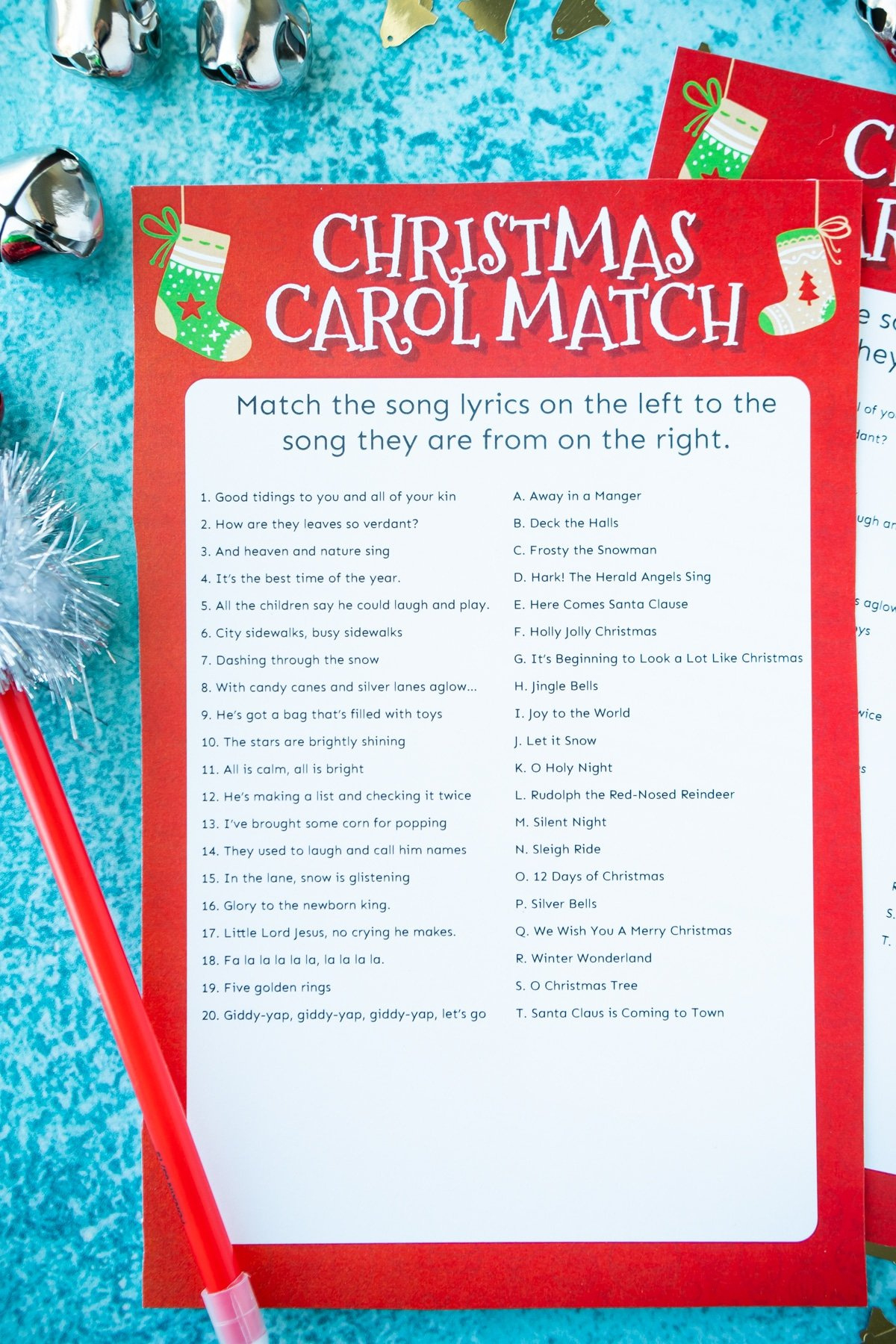 Match The Christmas Carol Game (Free Printable!) - Play Party Plan with Christmas Carol Games Printable with Answers