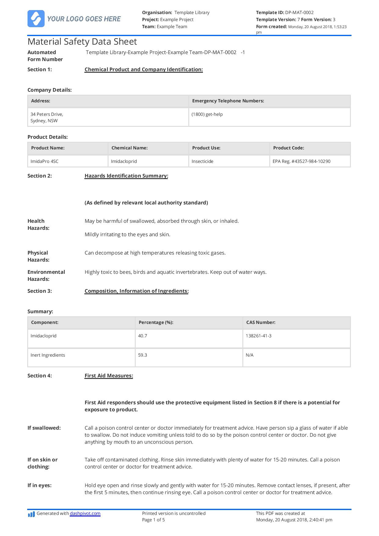 Material Safety Data Sheet Template: Download For Free in Free Printable Msds Data Sheets