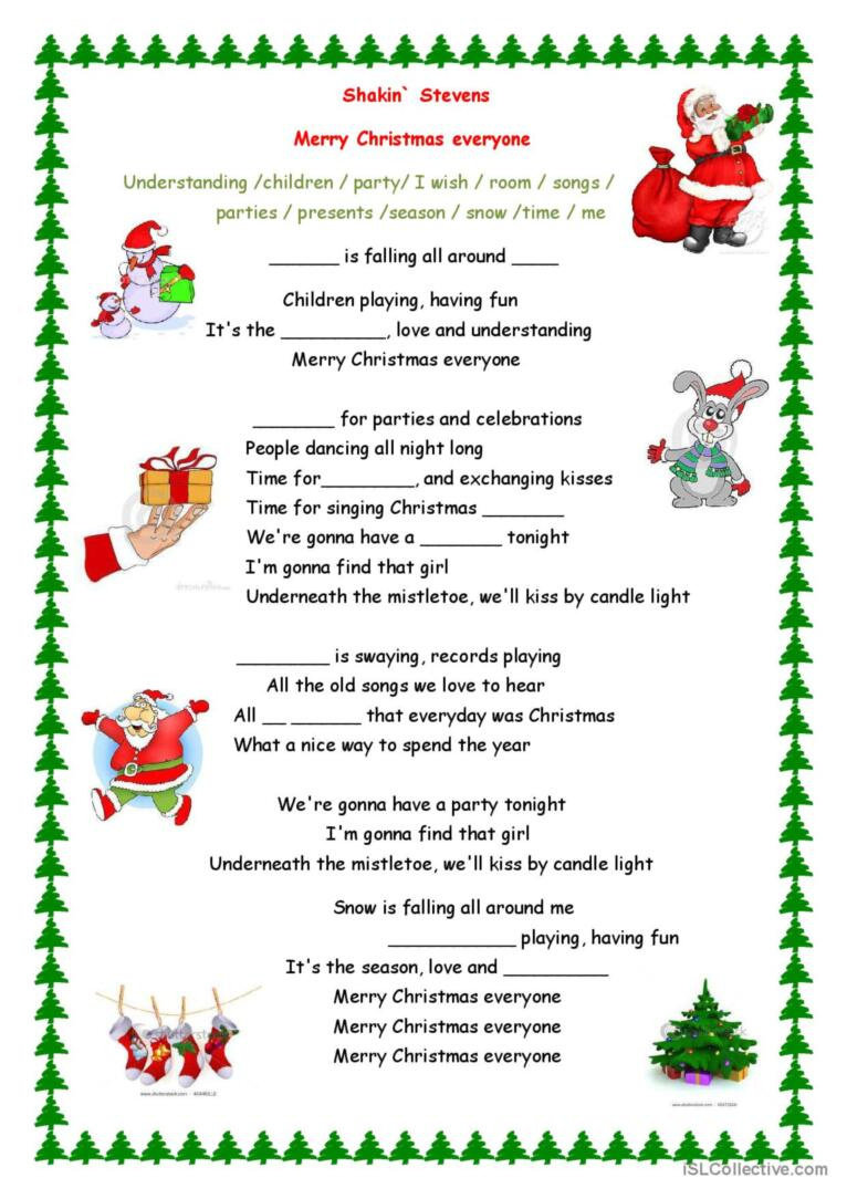Merry Christmas Everyone Song Song A…: English Esl Worksheets Pdf regarding Christmas Songs Worksheets Printables