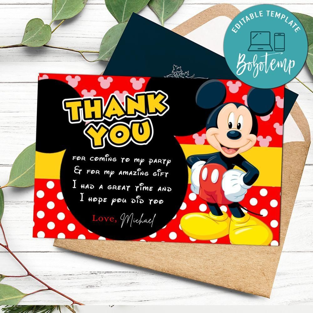 Mickey Mouse Thank You Card Customizable Template Diy | Bobotemp for Mickey Mouse Thank You Cards Printable