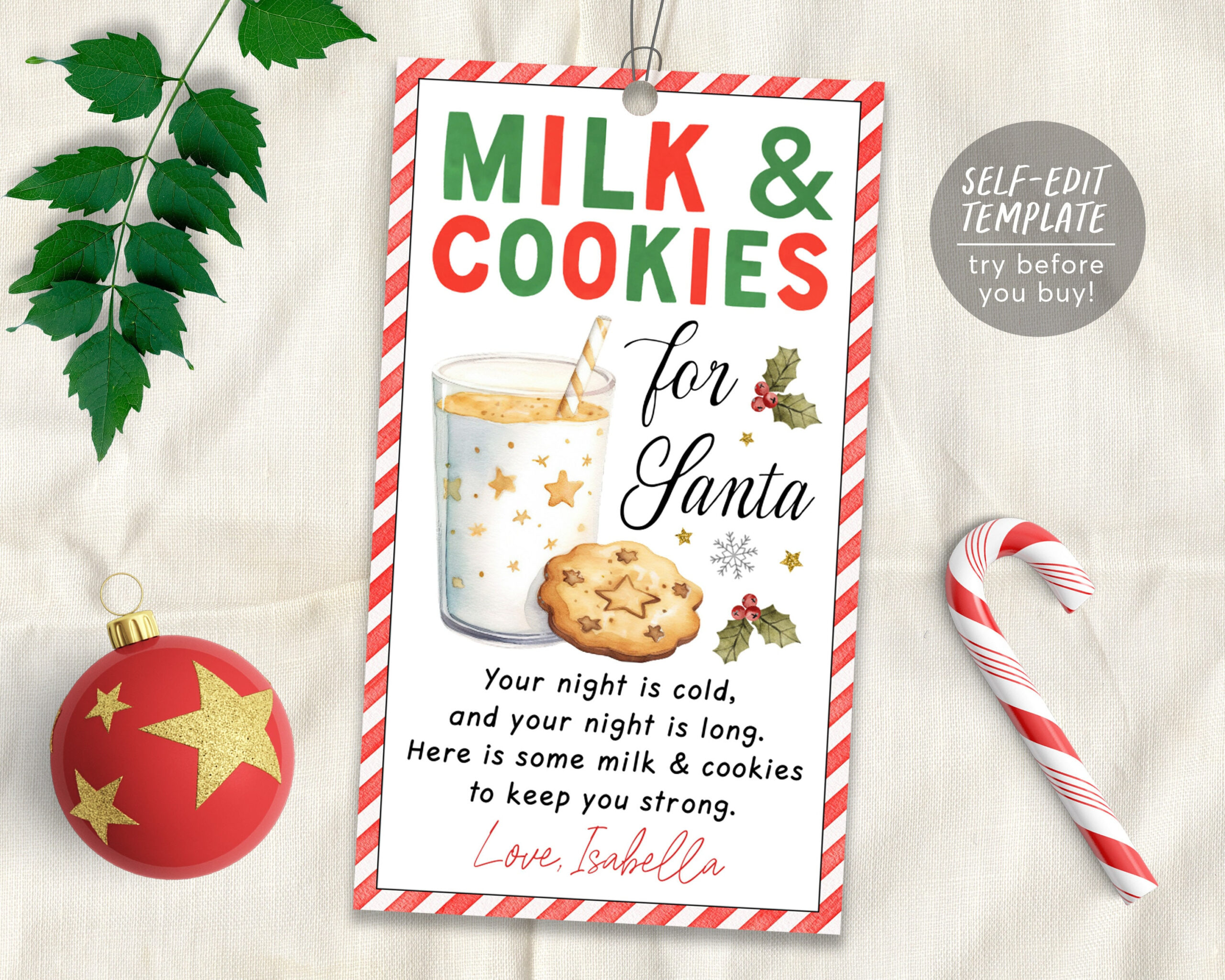 Milk And Cookies For Santa Tag Editable Template, Christmas Treats pertaining to Milk And Cookies Sign Printable