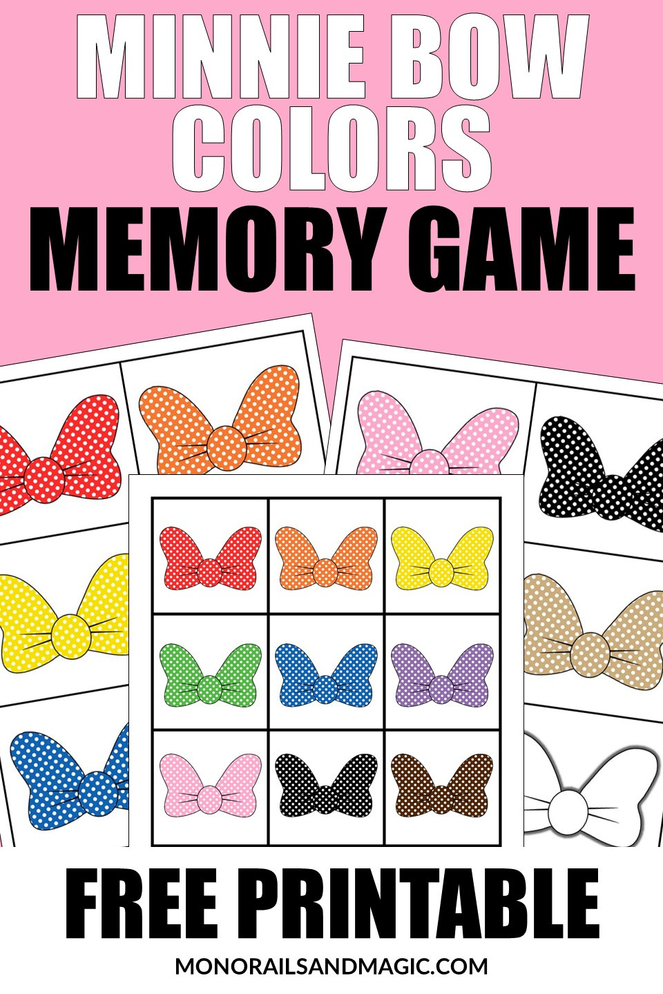 Minnie Bow Colors Memory Game Free Printable - Monorails And Magic pertaining to Free Printable Minnie Mouse Bow Template
