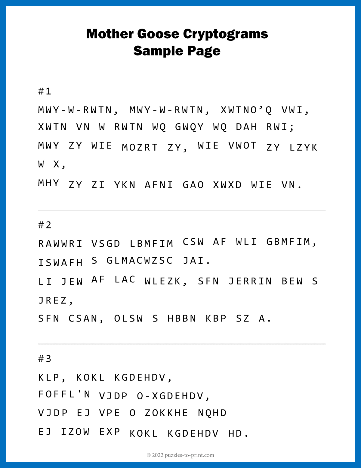 Mother Goose Cryptograms intended for Free Printable Cryptograms
