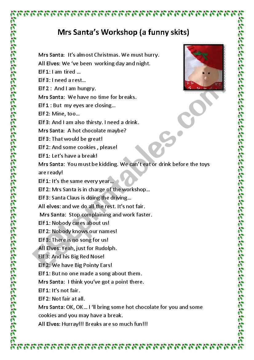 Mrs Santaã‚´s Workshop- A Short Christmas Skits - Esl Worksheet in Printable Short Christmas Skits