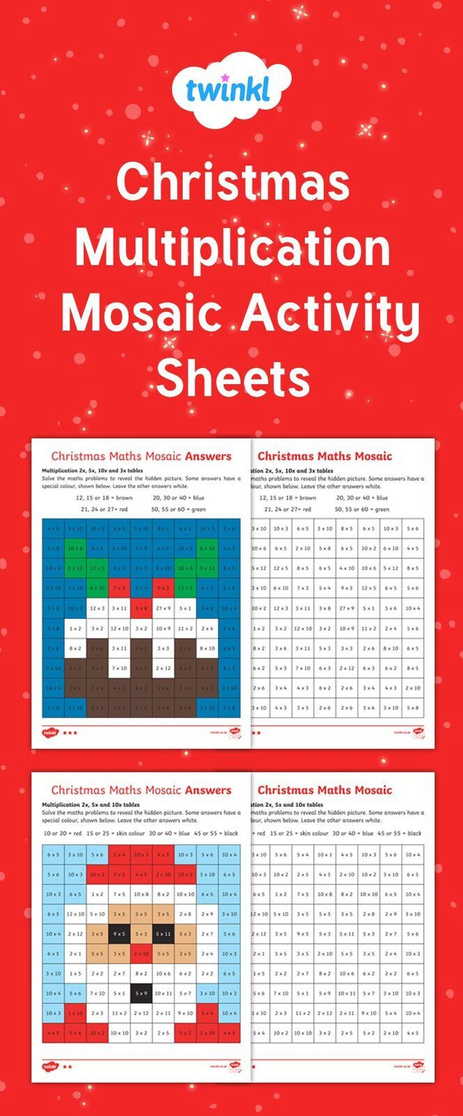Multiplication Mosaic Christmas Maths Worksheets with Christmas Times Tables Worksheets