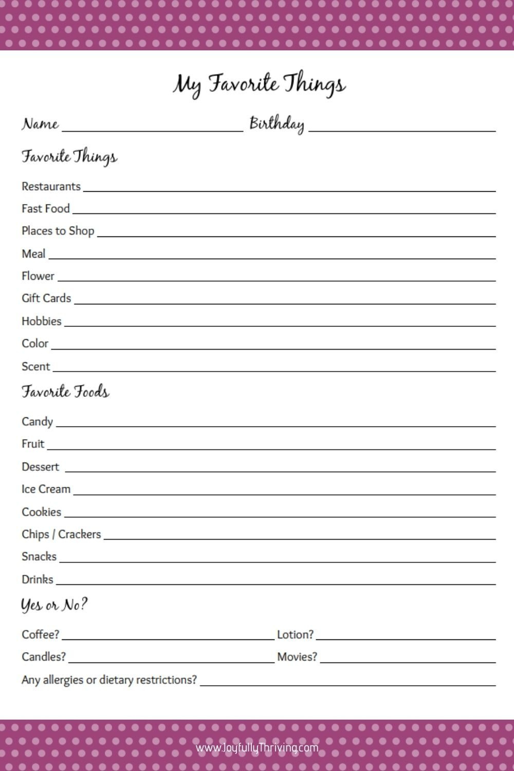 My Favorite Things List - Free Printable Gift Ideas For Teachers intended for Free Printable Employee Favorite Things List
