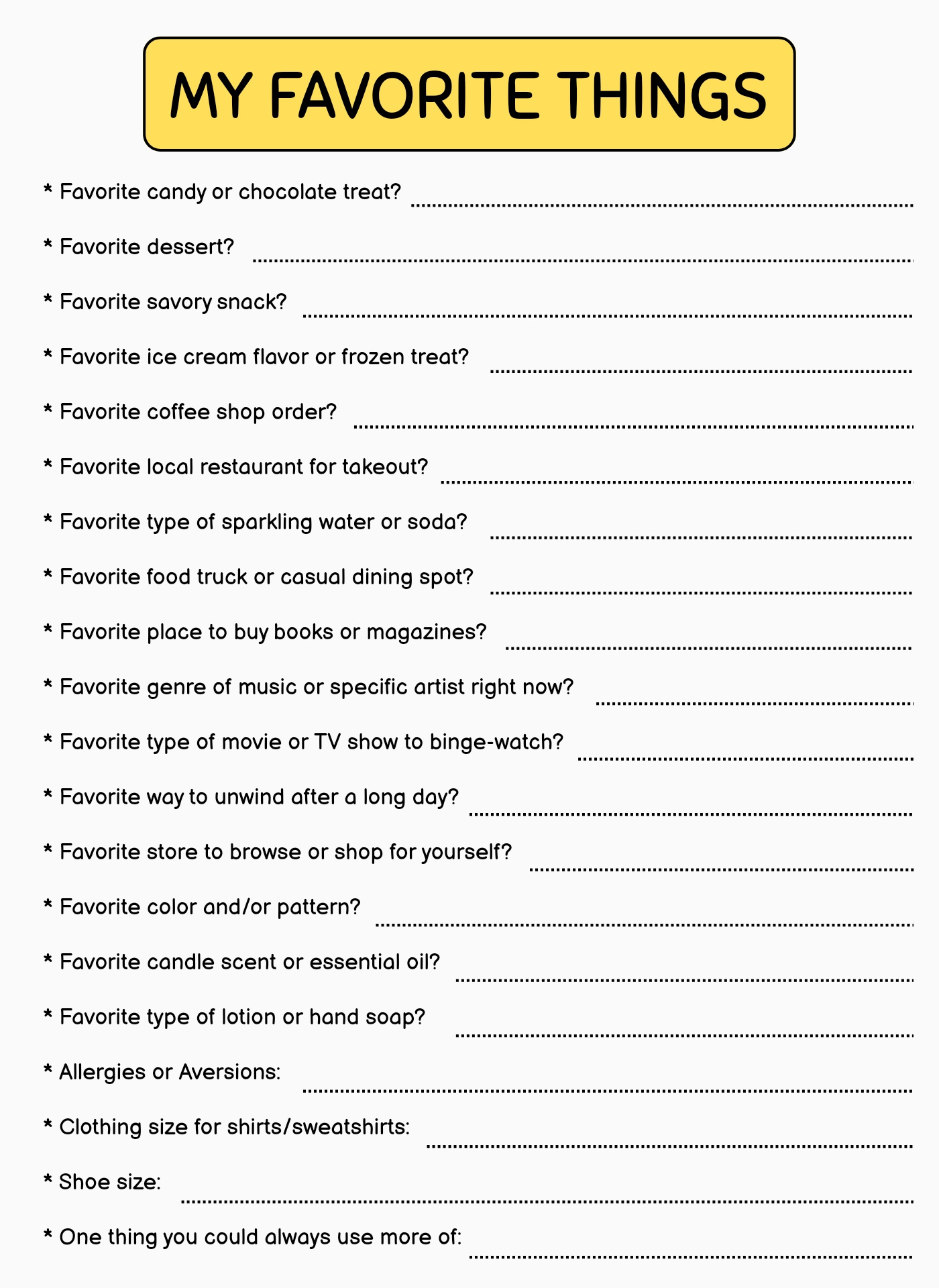 My Favorite Things Template - 10 Free Pdf Printables | Printablee for Free Printable Employee Favorite Things List