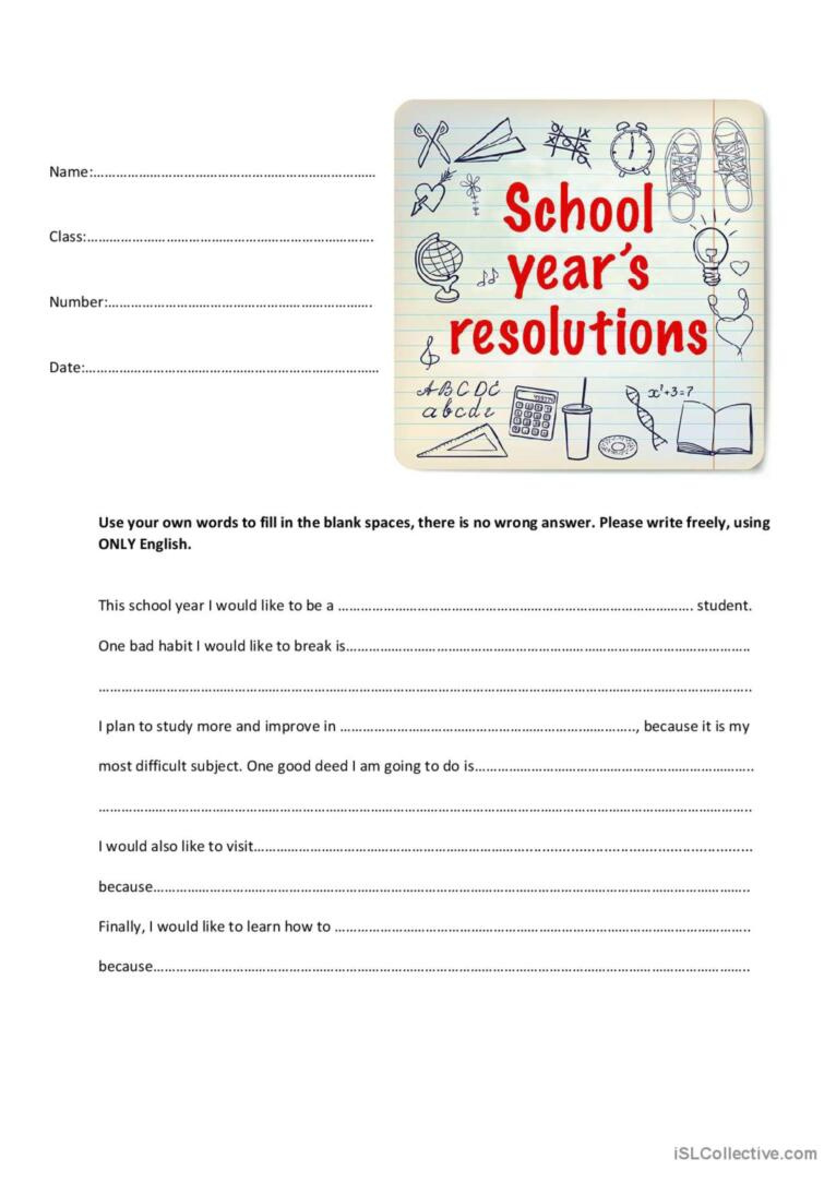 New School Year`s Resolution: English Esl Worksheets Pdf & Doc in New Year's Resolution Printable Writing Paper