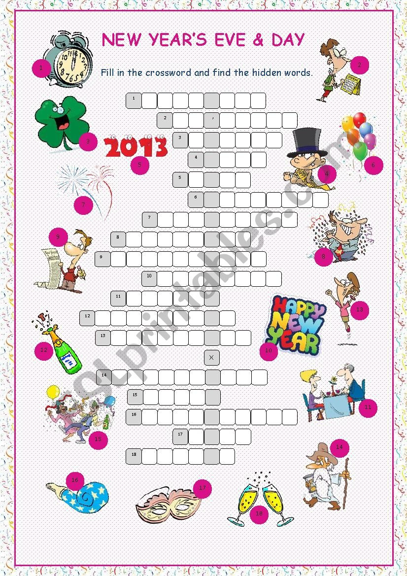 New Yearã‚Â´s Eve &amp;amp; Day Crossword Puzzle - Esl Worksheet inside New Year&amp;amp;#039;s Crossword Puzzles Printable