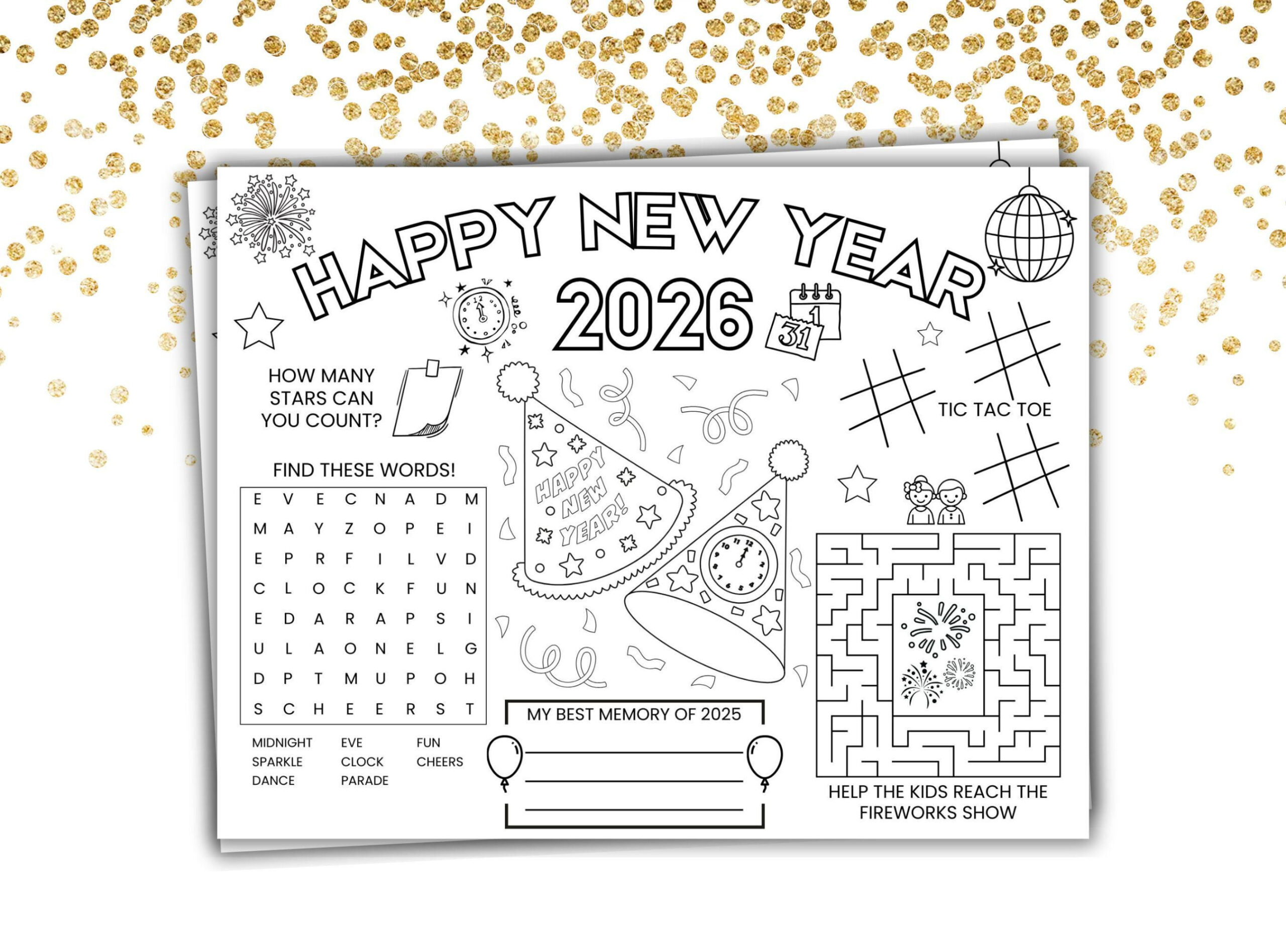 New Years 2026 Activity Placemat Printable New Years Eve Activity inside Printable New Years Activities 2026