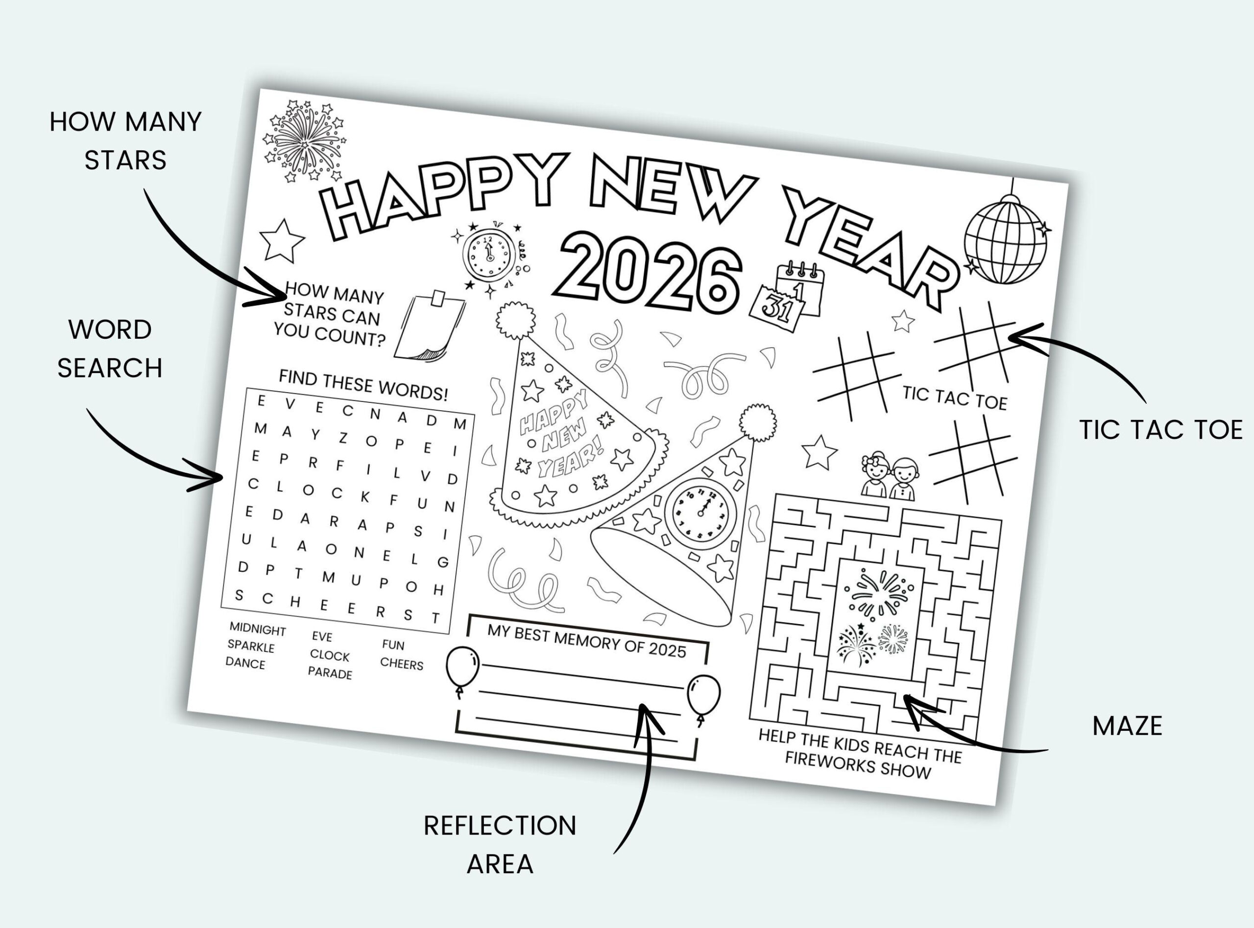 New Years 2026 Activity Placemat Printable New Years Eve Activity regarding New Years Eve Printables 2026