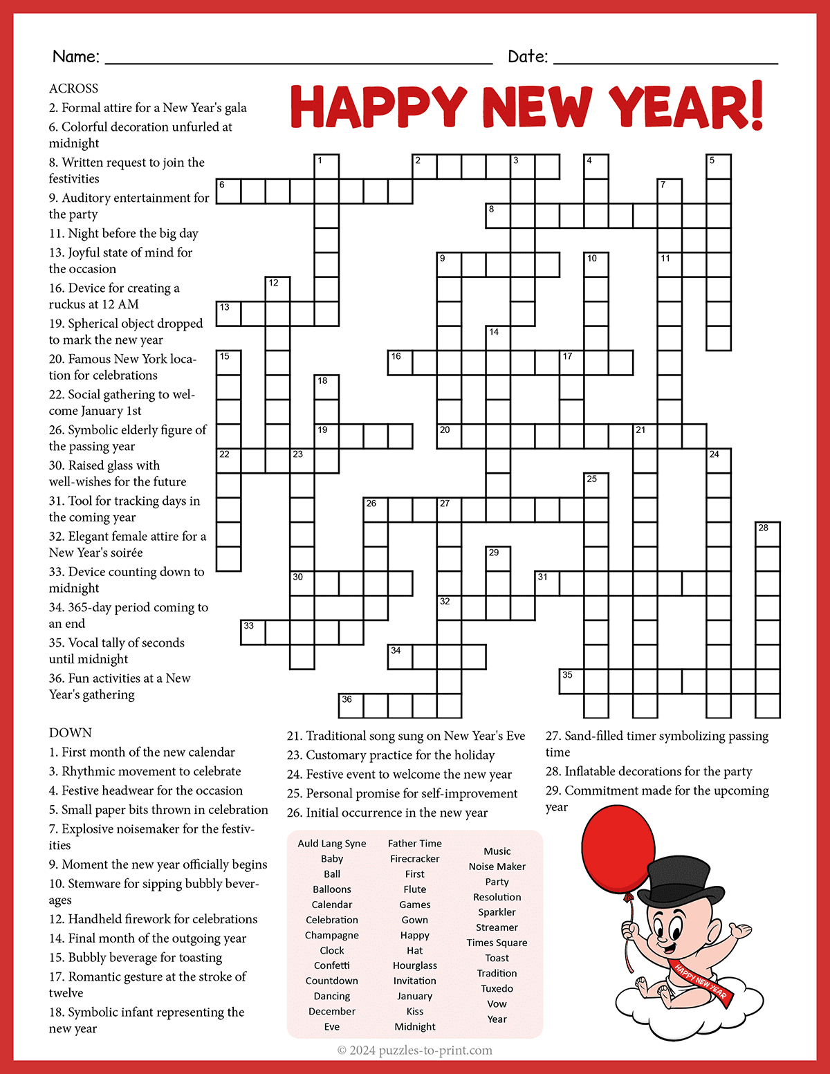 New Years Crossword for New Year&amp;#039;S Eve Crossword Printable